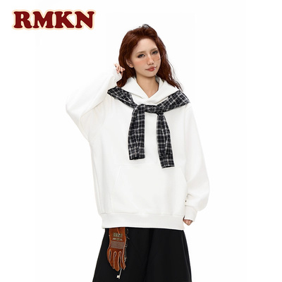 RMKN美式街头小众设计感格子拼接潮流连帽卫衣男女宽松上衣外套潮