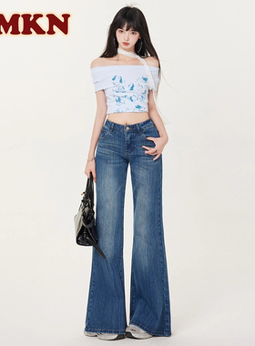 RMKN竹节纹美式复古深蓝微喇牛仔裤女不贴腿低腰宽松直筒喇叭裤