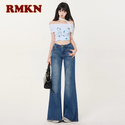 RMKN竹节纹美式复古深蓝微喇牛仔裤女不贴腿低腰宽松直筒喇叭裤