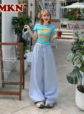 RMKN蓝色蕾丝花边条纹休闲裤女2025夏季新款低腰抽绳垂感拖地裤