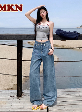 RMKN美式复古直筒牛仔裤女夏新款高腰显瘦窄版小个子设计感阔腿裤