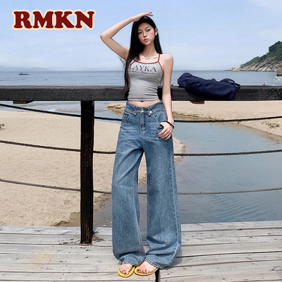 RMKN美式复古直筒牛仔裤女夏新款高腰显瘦窄版小个子设计感阔腿裤