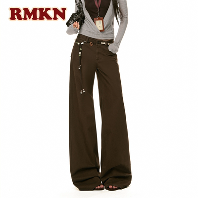 RMKN美式复古设计感牛仔裤女春夏高腰宽松阔腿裤棕色长裤子