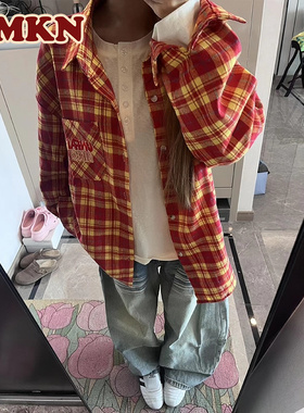 RMKN美式复古多巴胺黄色格子衬衫男女情侣款开衫衬衣上衣防晒外套