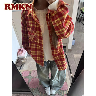 RMKN美式复古多巴胺黄色格子衬衫男女情侣款开衫衬衣上衣防晒外套