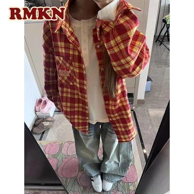 RMKN美式复古多巴胺黄色格子衬衫男女情侣款开衫衬衣上衣防晒外套