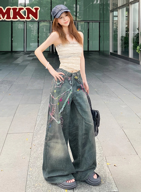 RMKN美式复古3D数码印花链条牛仔裤男女同款高街弯刀阔腿拖地裤子