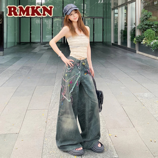 RMKN美式复古3D数码印花链条牛仔裤男女同款高街弯刀阔腿拖地裤子