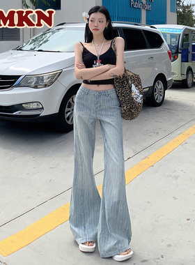 RMKN美式复古低腰牛仔裤女2025不贴腿提花设计感竹节宽松微喇裤