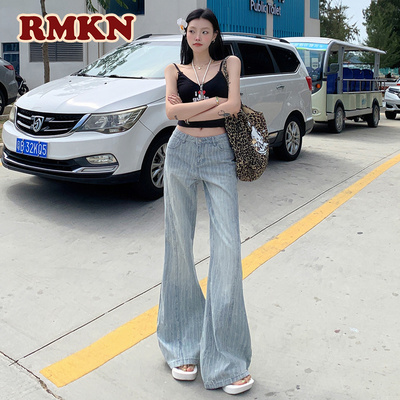 RMKN美式复古低腰牛仔裤女2025不贴腿提花设计感竹节宽松微喇裤