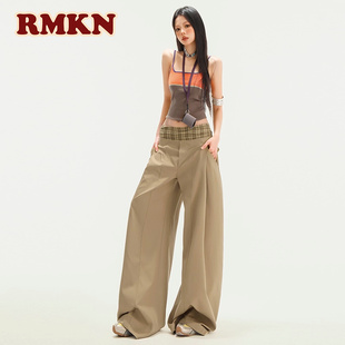RMKN美式复古格纹拼接休闲裤女设计感慵懒西装阔腿高级感低腰裤子