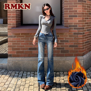 RMKN美式复古蓝色直筒牛仔裤女加绒低腰显瘦垂感弹力拖地裤子