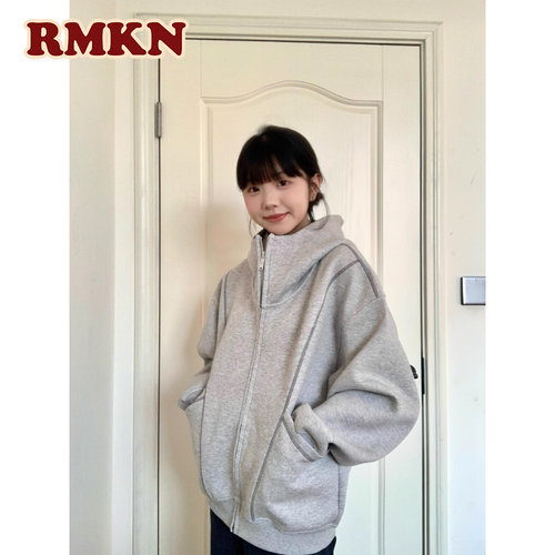 RMKN美式潮牌重磅解构空气层开衫卫衣设计感明线休闲连帽外套