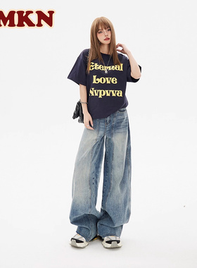 RMKN美式复古弯刀阔腿牛仔裤女春秋高腰显瘦垂感拖地宽松裤子