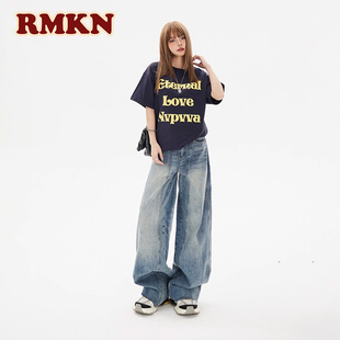 RMKN美式复古弯刀阔腿牛仔裤女春秋高腰显瘦垂感拖地宽松裤子