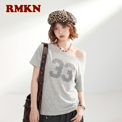 RMKN夏季斜肩短袖女数字印花露肩t恤美式辣妹休闲条纹短款上衣
