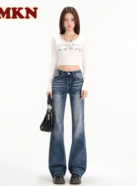 RMKN美式复古窄版不贴腿弹力直筒牛仔裤女高腰显瘦休闲拖地喇叭裤