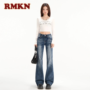 RMKN美式复古窄版不贴腿弹力直筒牛仔裤女高腰显瘦休闲拖地喇叭裤