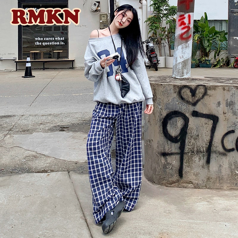 RMKN宅女露思同款蓝色格子裤女慵懒风直筒遛弯裤宽松阔腿休闲裤图片