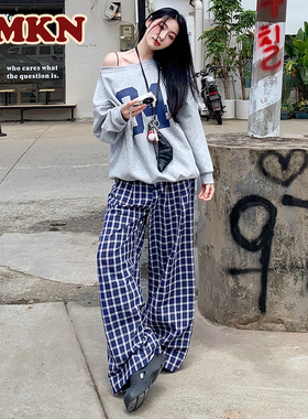 RMKN宅女露思同款蓝色格子裤女慵懒风直筒遛弯裤宽松阔腿休闲裤