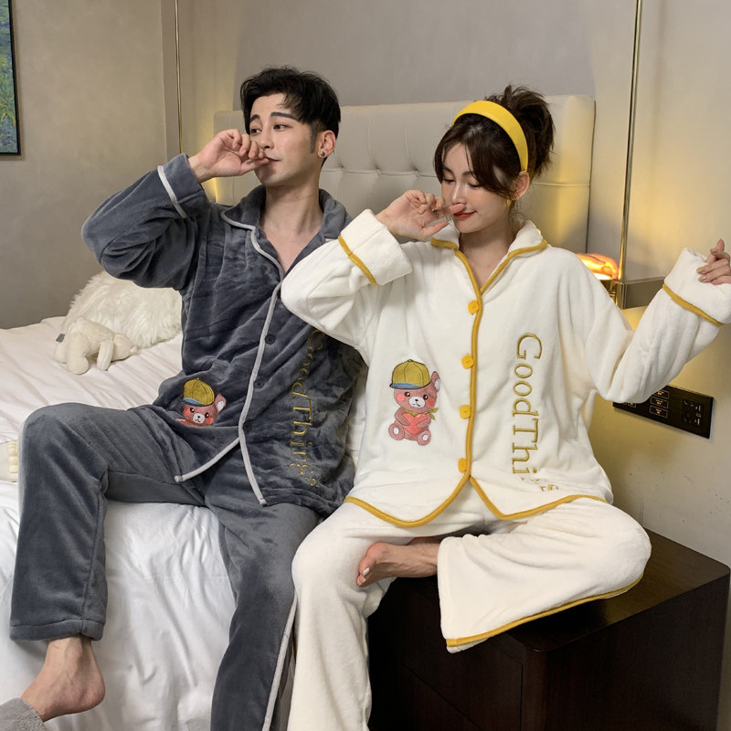 思湘妮情侣款法兰绒睡衣套装女珊瑚绒男士冬季加绒加厚保暖家居服