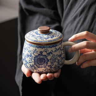 汝窑青花陶瓷办公水杯泡茶杯马克杯茶水分离杯高端个人专用礼盒装