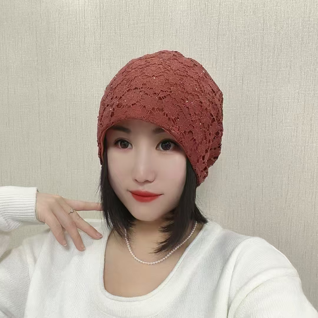 2025新款镂空花朵钩花软沿包头帽透气针织头巾帽遮白发帽女夏薄款