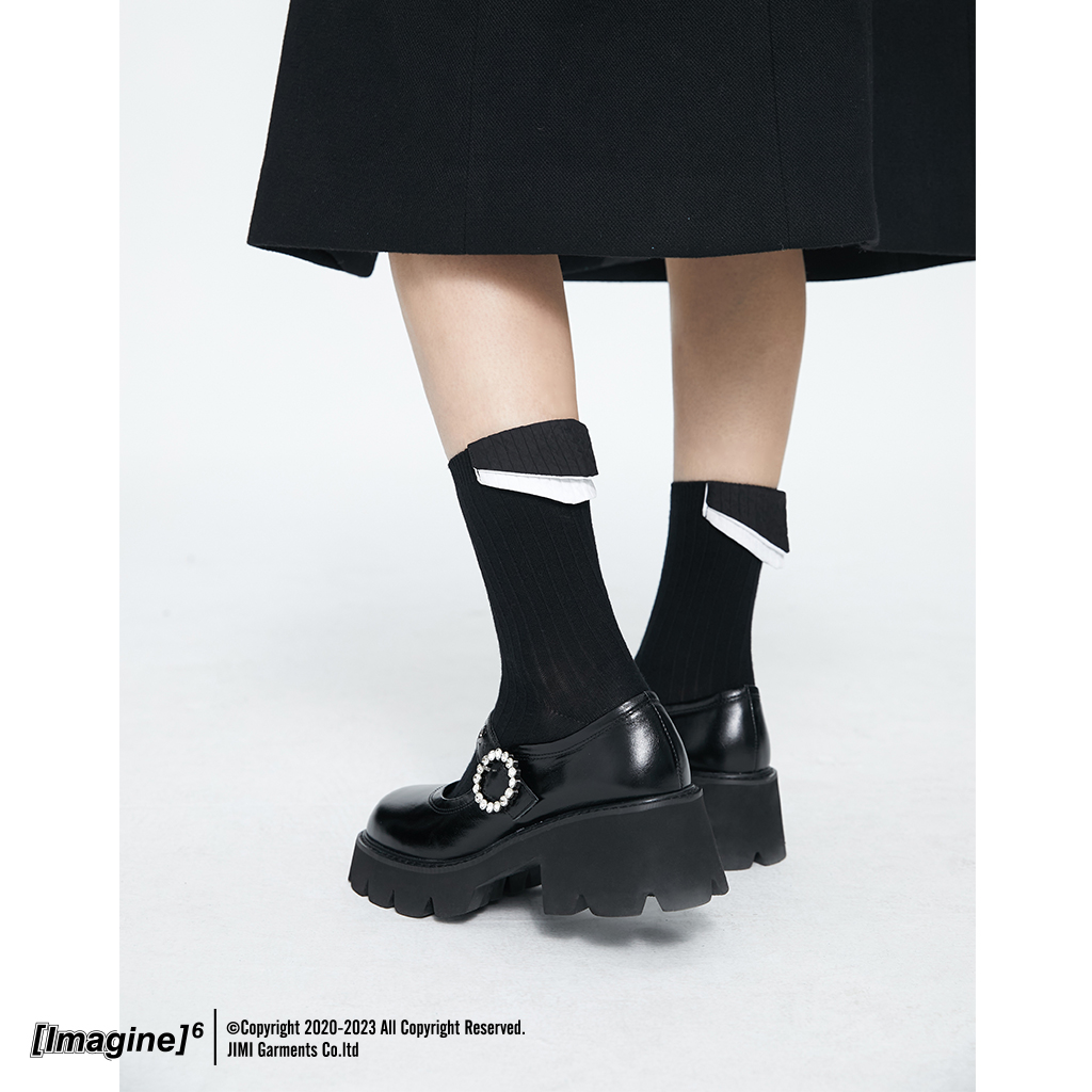 双层黑白拼色中筒袜翻折