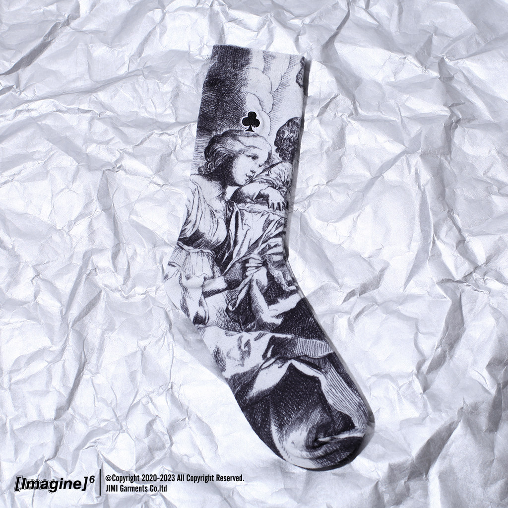 imagine6 原创设计师 天使印花袜黑桃复古图案情侣男女中筒袜棉
