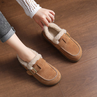 雪地棉鞋 森女风棉鞋 真皮保暖单鞋 全包勃肯鞋 女冬加绒加厚底豆豆鞋