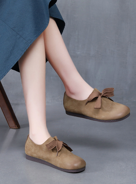 新款软皮软底手工复古单鞋女百搭森系文艺女鞋系带真皮勃肯鞋春秋