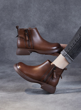 头层水洗牛皮切尔西靴女粗跟侧拉链短靴加绒女鞋真皮靴烟筒小短靴