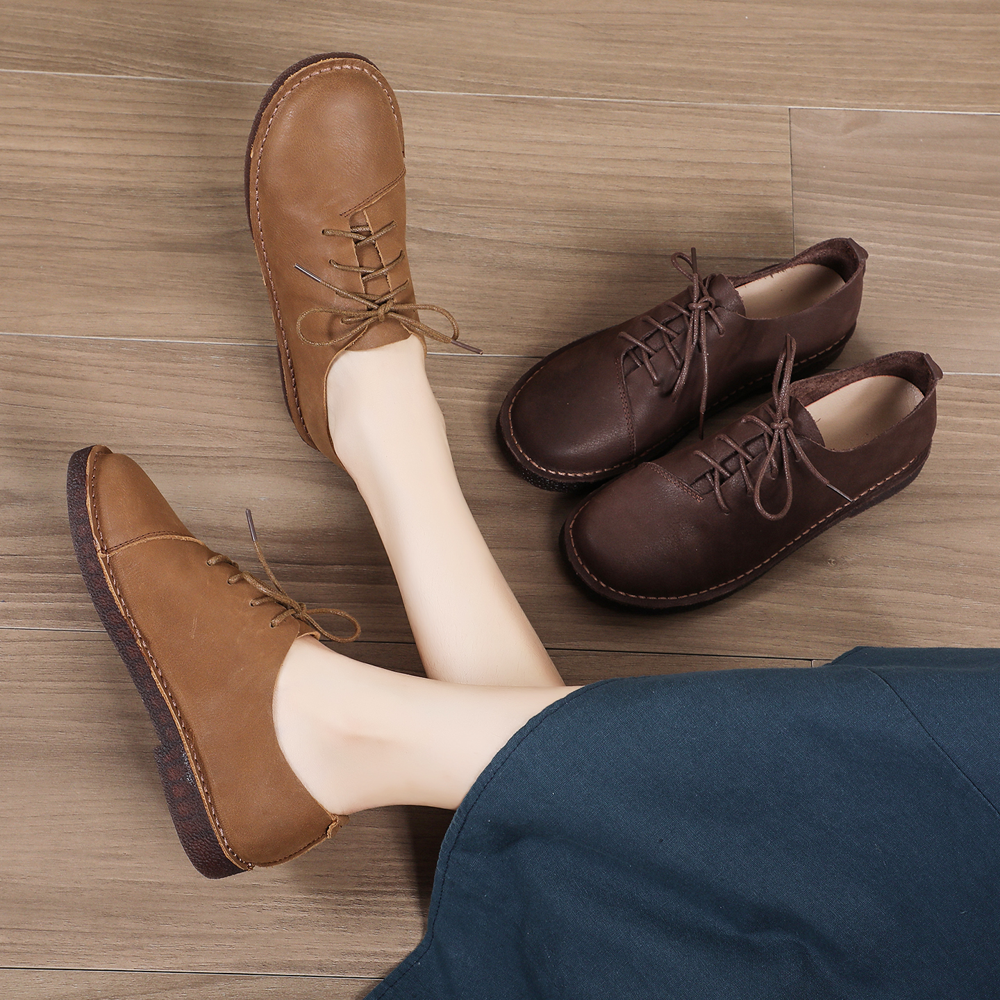 原创低跟复古系带平底圆头小皮鞋