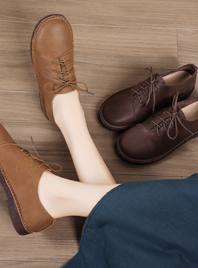 原创森系低跟小皮鞋2026年四季女鞋英伦复古系带真皮平底圆头单鞋