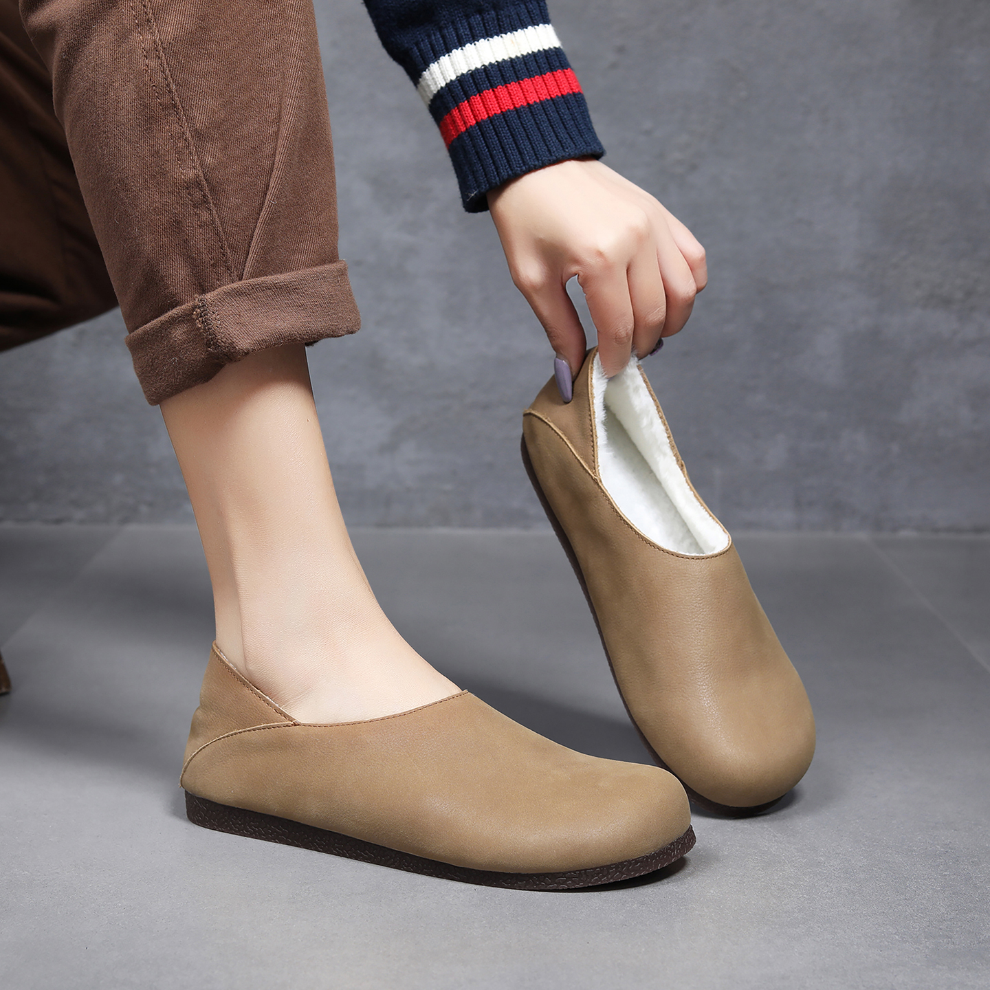 手工复古加绒单鞋女头层牛皮