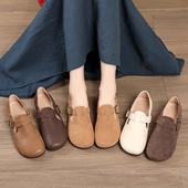 软底软面 女平底真皮森系手工女鞋 春秋新款 复古皮带扣圆头勃肯单鞋