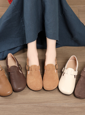 春秋新款复古皮带扣圆头勃肯单鞋女平底真皮森系手工女鞋软底软面