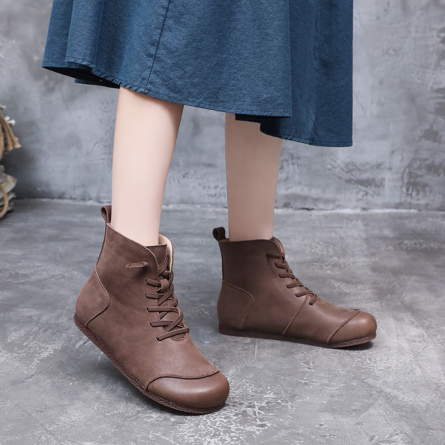 小众森系高帮女鞋原创真皮平底短靴软底软面复古加绒马丁靴民族风,女鞋,时装靴,淘宝优惠券,粉丝福利购,淘宝优惠卷