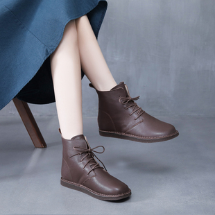 复古软皮马丁靴女百搭森系英伦风平底短靴系带软底女鞋加绒高帮鞋