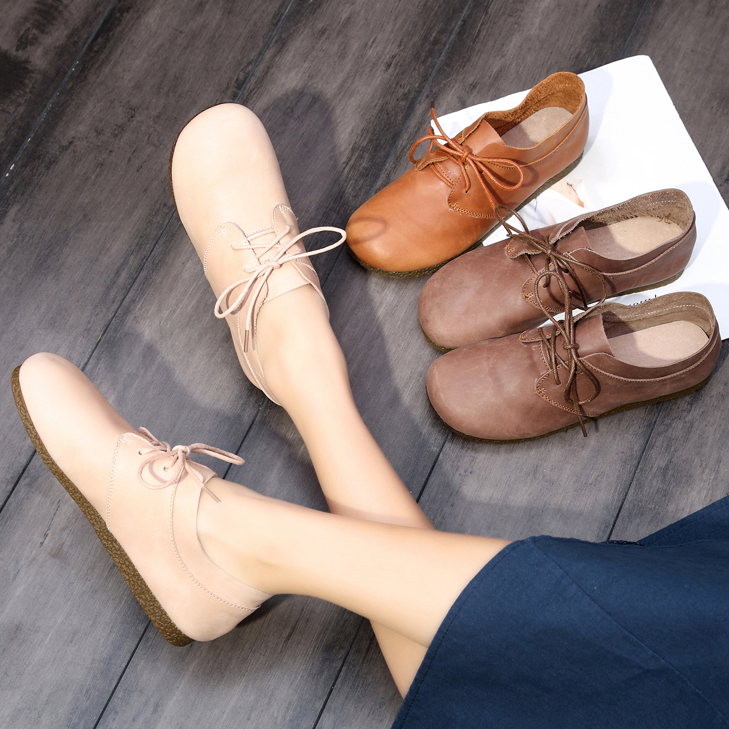 软底手工真皮小皮鞋复古系带女鞋