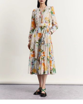 现货速发谜家商场同款2024秋新款复古文艺提花收腰长裙233ML1090