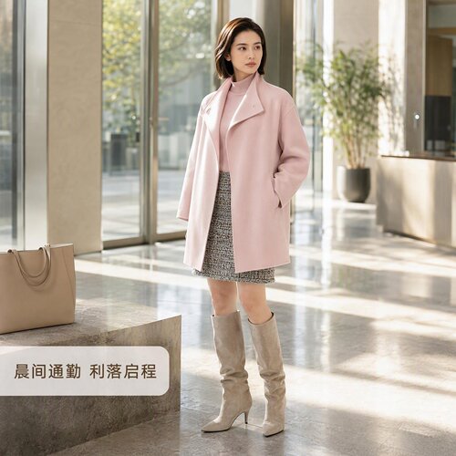 2026秋冬粉色100%羊毛毛呢大衣女