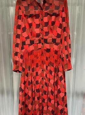 现货速发玛家商场同款2025春红色千鸟格衬衣式印连衣裙A1FAW61170