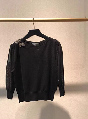 现货速发商城同款2025早秋鎏金珠气质黑色短款针织衫女EWF363M014