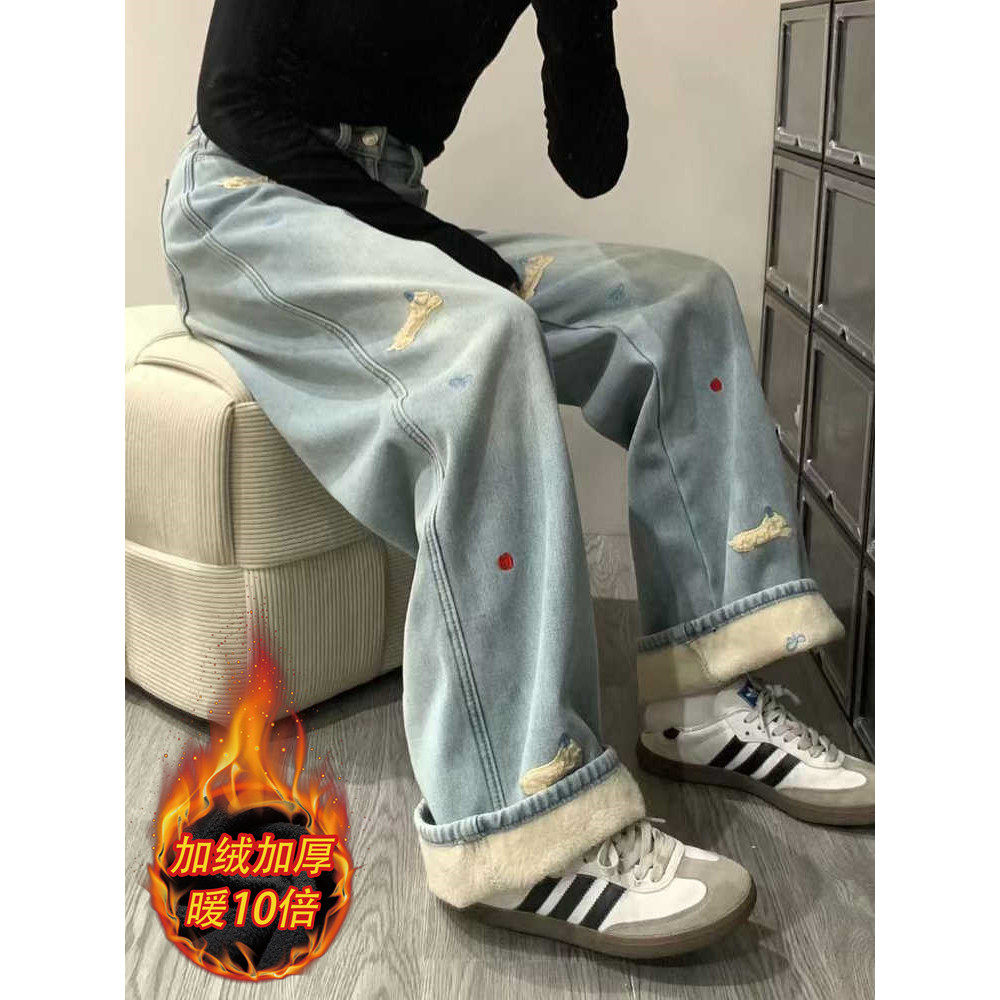 腊肠狗刺绣直筒牛仔裤女秋冬款大码胖mm高腰宽松显瘦加绒阔腿长裤