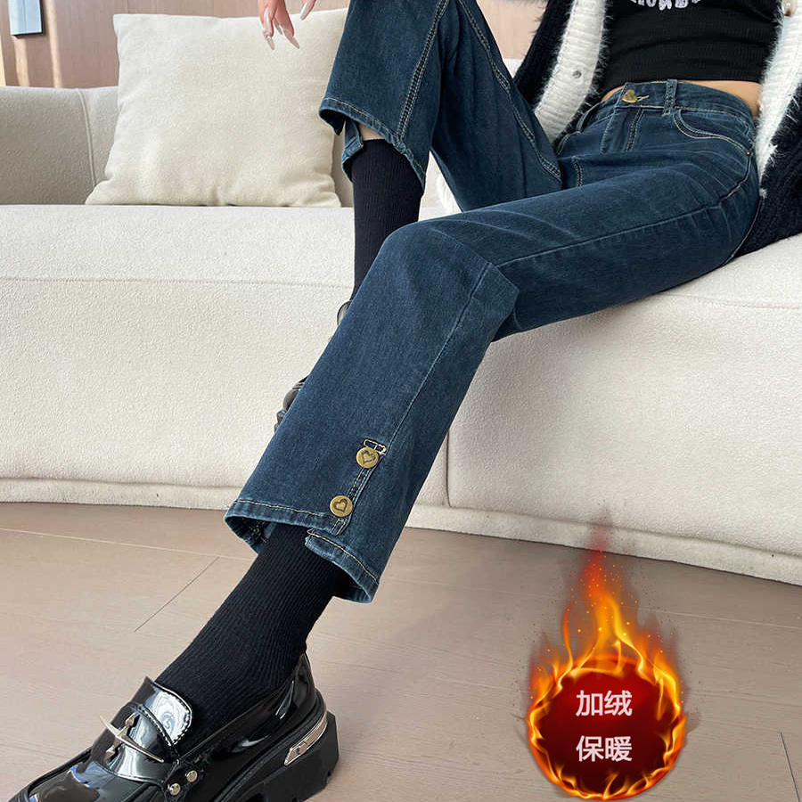 蓝灰色烟管牛仔裤2025年秋装新款修身八分九分小个子加绒直筒裤女