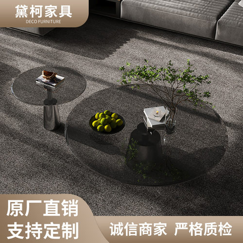 意式极简圆形钢化玻璃茶几不锈钢边框个性子母设计师款小茶几
