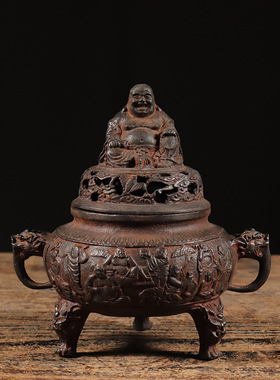 仿古铁器纯铁弥勒佛双耳三腿熏香炉古法工艺中式会所古典装饰摆件