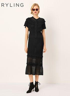 MARYLING玛俪琳2025初夏新品黑色荷叶袖短袖针织开衫A1FCW08350