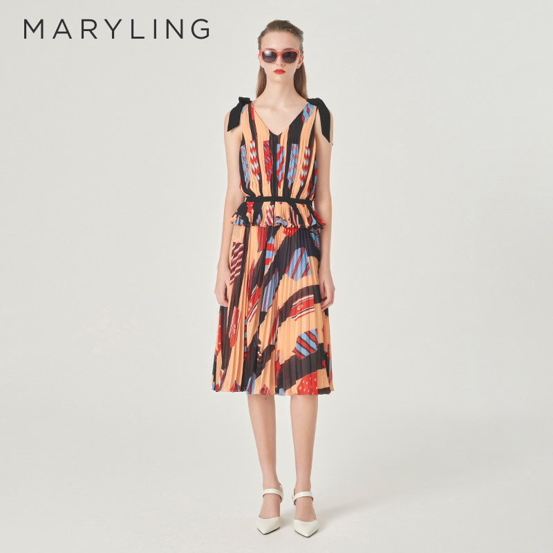 【趣味领带】MARYLING玛俪琳夏新品压褶印花半身裙A1ECW72360